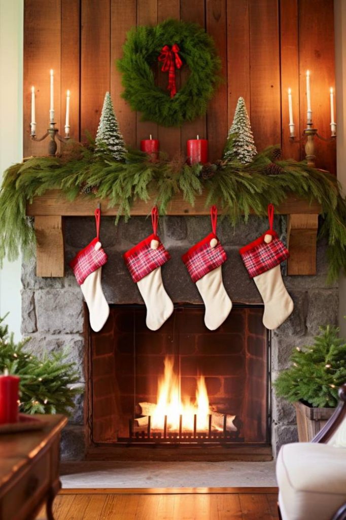 A fireplace decorated with a green wreath and garland, red candles and four hanging stockings. A fire is burning in the fireplace. Four candles glow on the mantelpiece.