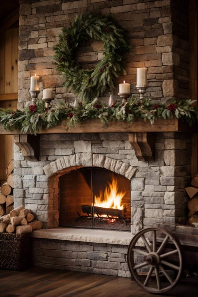 A stone fireplace decorated with a holiday wreath, candles and garland. A fire is burning inside, and there is a pile of firewood and a cartwheel nearby.