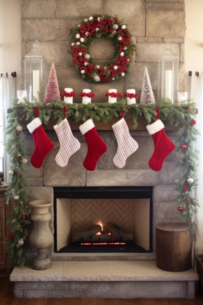 A decorated fireplace with a wreath, stockings and festive garland; The fire is lit and creates a warm atmosphere.