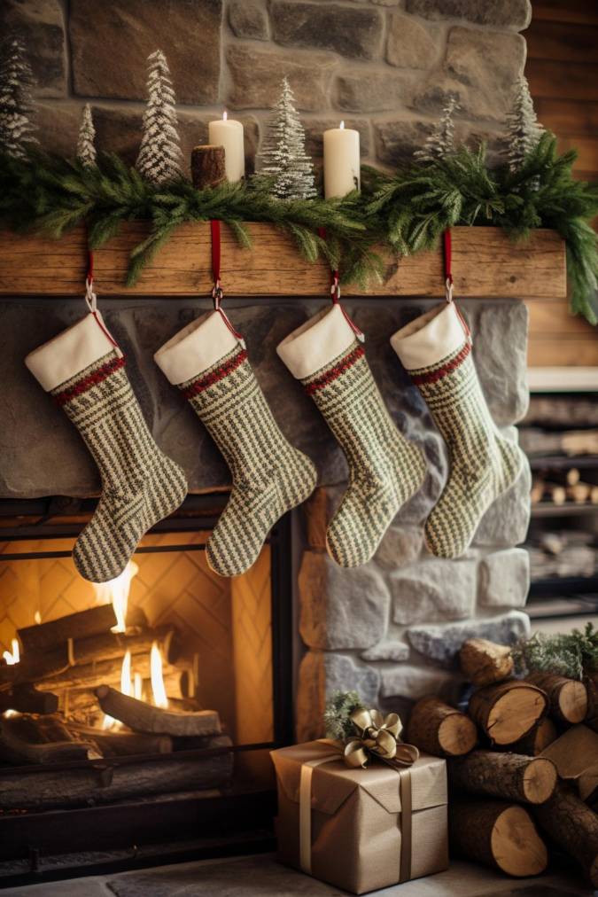 Four stockings hang on a mantel decorated with evergreen boughs and candles. A fireplace is burning downstairs, and a wrapped gift lies next to neatly stacked firewood.