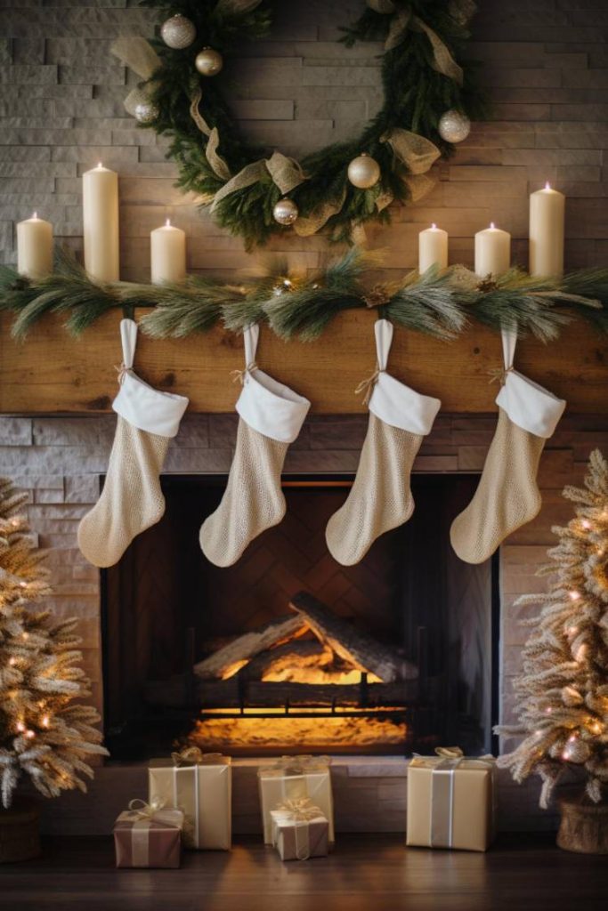 A cozy fireplace decorated with a green wreath and candles, stockings hanging on the mantel, two decorated trees and wrapped presents on the floor.