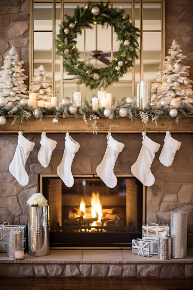 A Christmas decorated fireplace with white stockings, candles, silver decorations, small white trees, a wreath and wrapped presents.