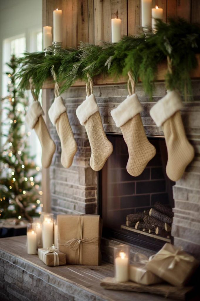 A row of beige stockings hangs over a fireplace adorned with greenery and candles, with wrapped presents and more candles on top. A decorated Christmas tree can be seen in the background.