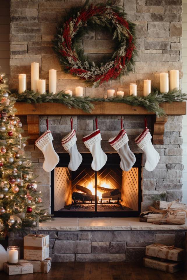 A cozy fireplace decorated with five stockings, a decorative wreath and burning candles. On the left there is a Christmas tree with decorations and gifts.