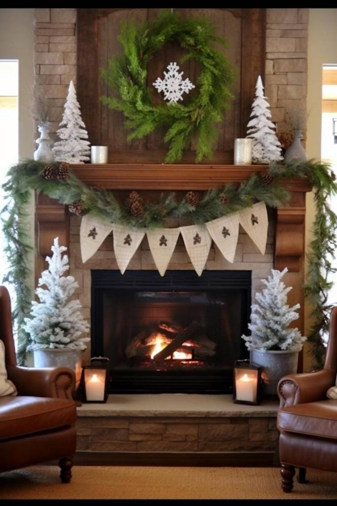 A stone fireplace decorated with garland, mini Christmas trees, a wreath and a snowflake ornament. There are two leather armchairs on either side and a fire is burning in the fireplace.