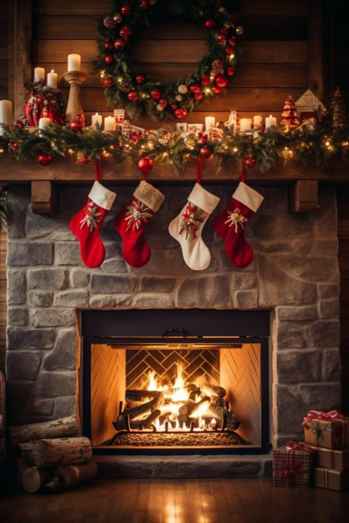 A cozy fireplace with stockings on the mantel decorated with candles, a Christmas wreath and festive decorations. The fire burns warmly, there are logs and wrapped gifts nearby.