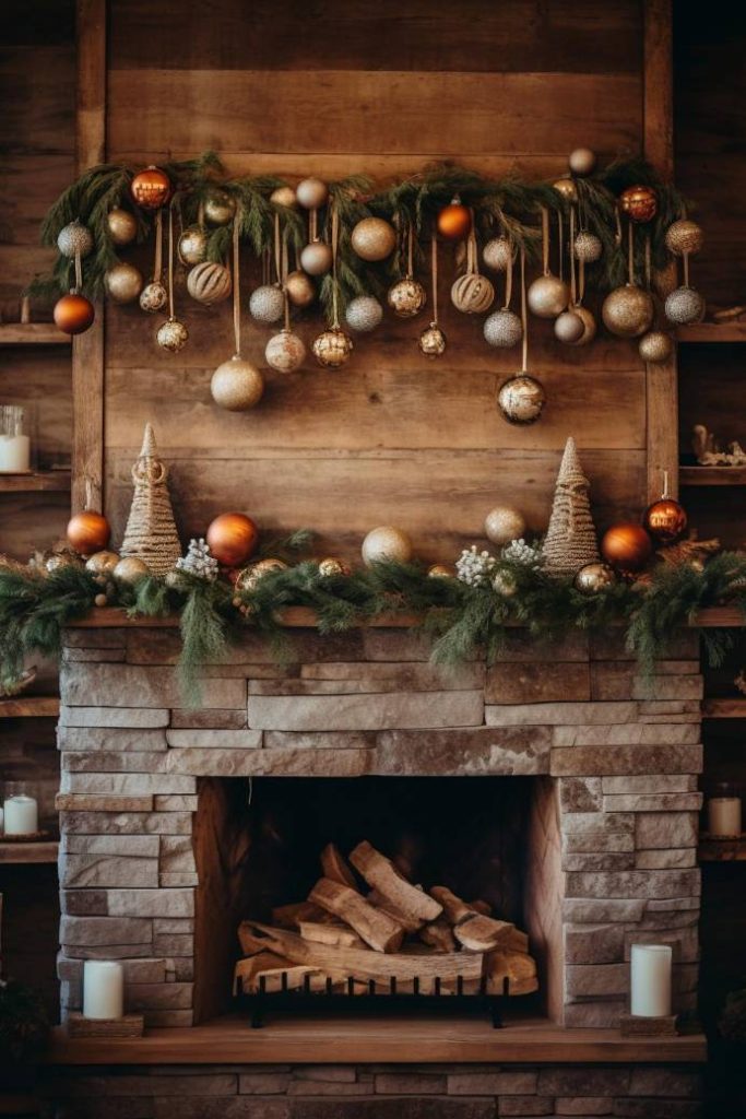 A decorated fireplace with a garland of green foliage and various gold and <a href=