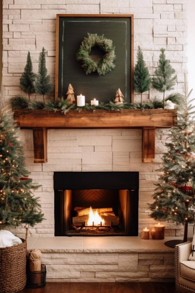 A warmly lit fireplace decorated with a wreath, small potted trees, candles and ornaments on a mantel, with Christmas trees on each side.