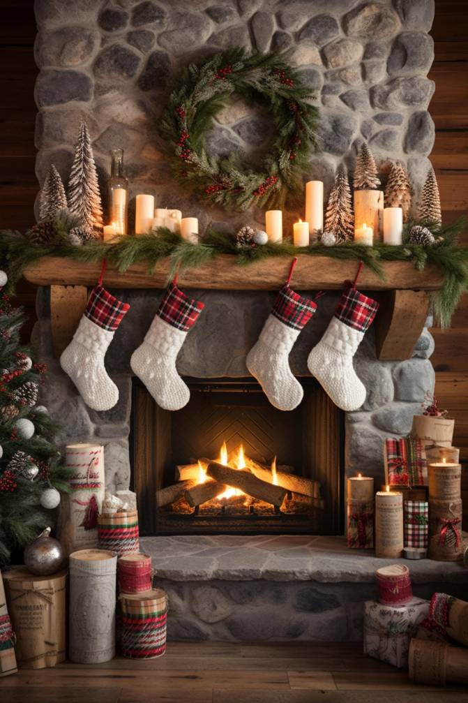 A stone fireplace decorated with a green wreath and burning candles. Four stockings hang on the mantel and festive decorations, including wrapped presents and trees, are placed around the fireplace.