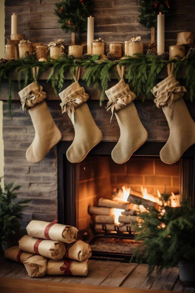 A cozy fireplace decorated with green garland, candles and four hanging stockings. Wrapped presents tied with a red bow lie in front of the fireplace where a fire is burning.