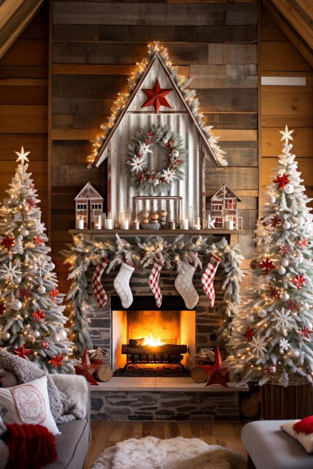 Festive Christmas living room with burning fireplace, decorated mantel with stockings, candles and wreaths flanked by two white Christmas trees decorated with red and white ornaments.