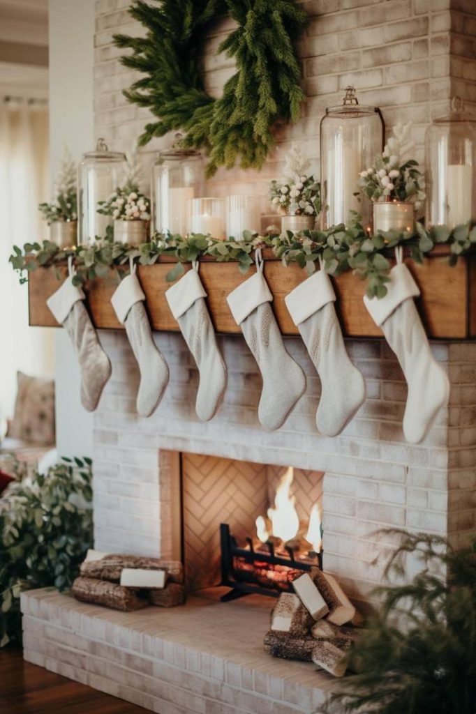 A cozy fireplace with a wooden fireplace decorated with green plants, hanging white stockings and candles in glass holders on top. A green wreath decorates the brick wall above the mantel.