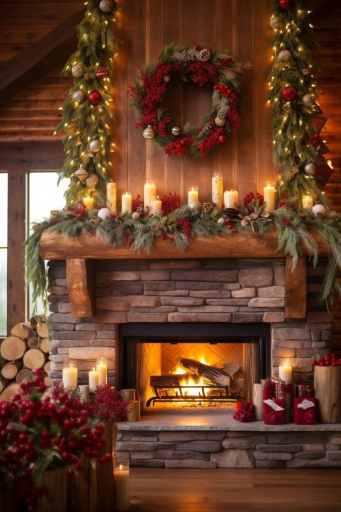 A stone fireplace is decorated with candles, red and green garlands and a wreath. The fire is lit and creates a cozy atmosphere. Logs are stacked on one side.