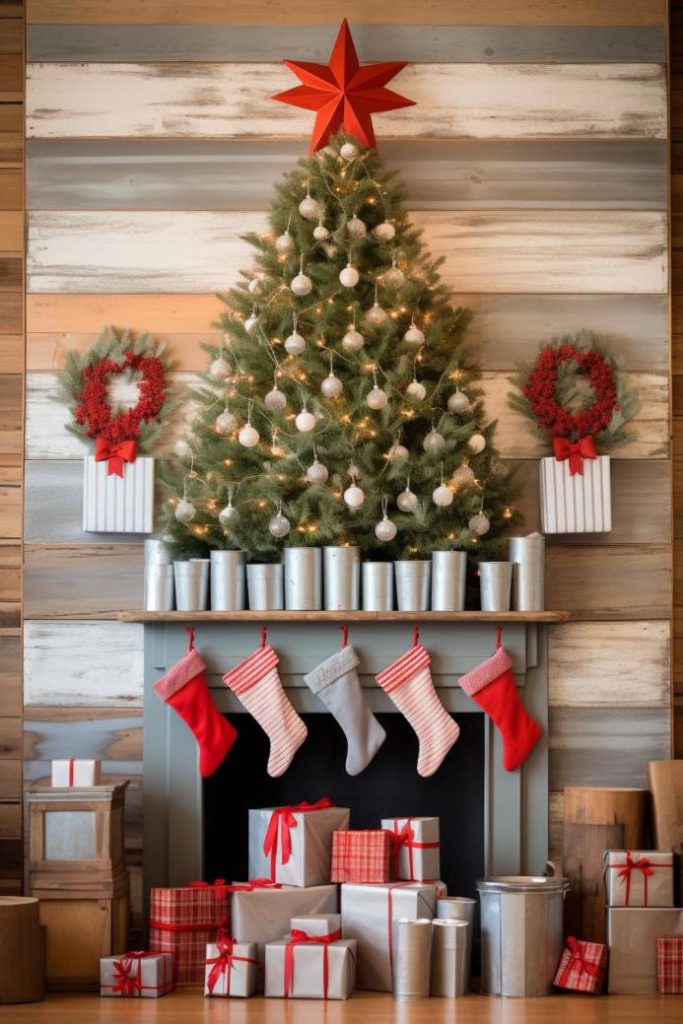 A decorated Christmas tree with a red star on top stands above a fireplace. Stockings hang on the mantel, and beneath them lie wrapped presents in red and white packaging. Wreaths decorate the wall.