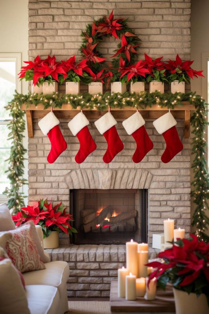 A brick fireplace is decorated for Christmas with a wreath, garland, poinsettias and five red stockings. A fire burns in the fireplace and numerous candles are lit on the mantel and nearby table.