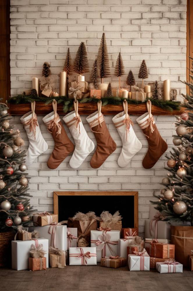 Christmas stockings and pine ornaments on a brick mantel, below decorated Christmas trees and wrapped presents.