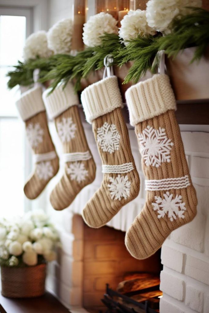 Four beige knit stockings with white snowflake patterns hang on a mantel above a fireplace decorated with pine branches and white flowers.