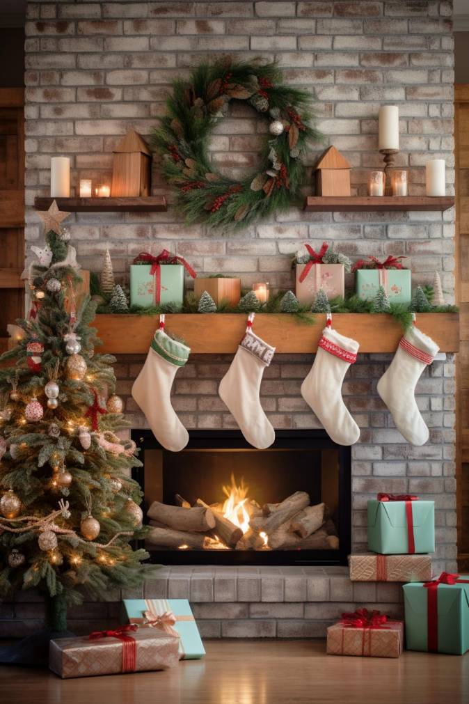 A cozy Christmas scene with a decorated tree and stockings hanging on a mantel. Wrapped gifts are placed under the tree and on the mantel, and a wreath is placed over the fireplace.