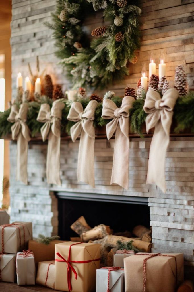 A mantel decorated with pine cones, candles, a wreath and large bows, with several wrapped gifts underneath.