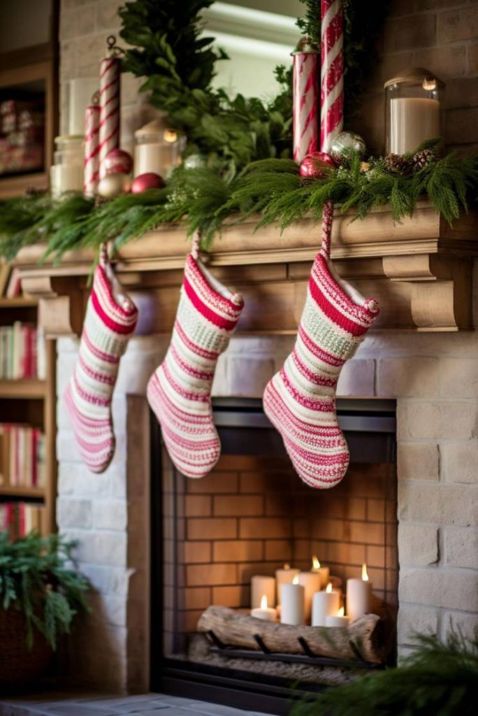 A fireplace decorated with three hanging striped stockings, greenery, candles and Christmas decorations.