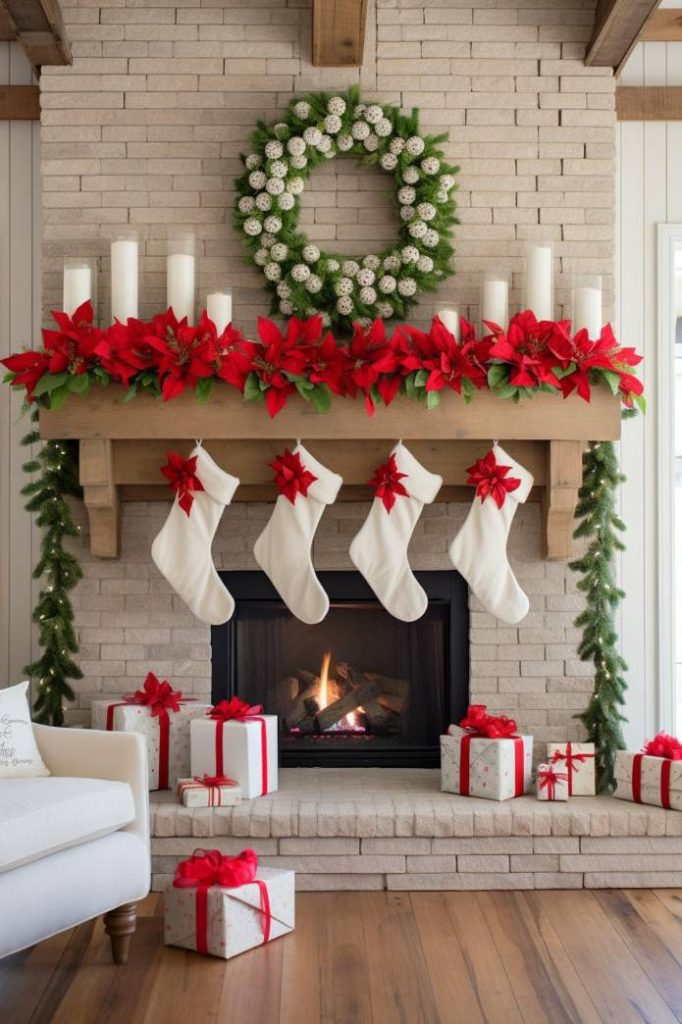 A festive fireplace decorated with red poinsettias, white candles and green garland. Four white stockings hang on the mantelpiece, wrapped presents lie on the fireplace and on the floor next to it.