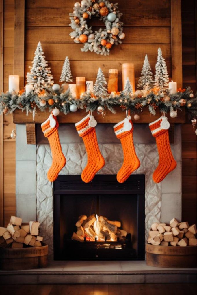 A burning fireplace with four orange stockings hanging above it, surrounded by Christmas decorations, candles and small snow-covered trees; A festive wreath is attached to the wooden wall above.