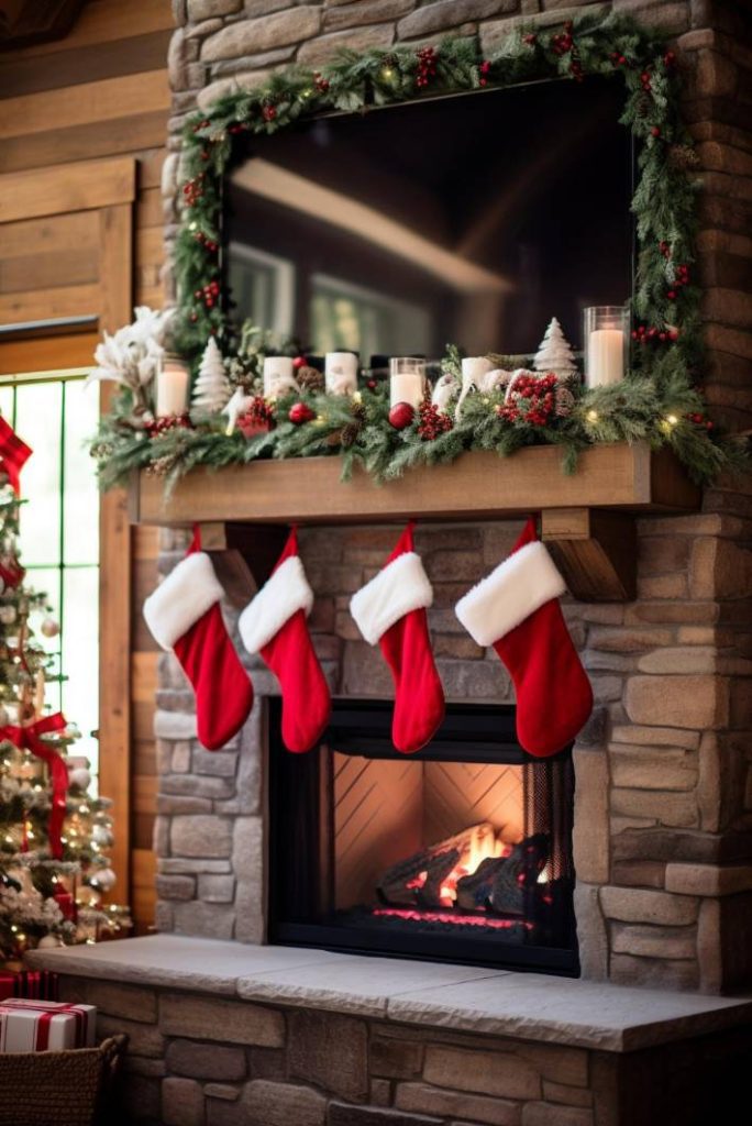 A stone fireplace decorated with garlands, candles and red stockings. A burning fire burns beneath a large television. To the left is a Christmas tree decorated with lights and ornaments.