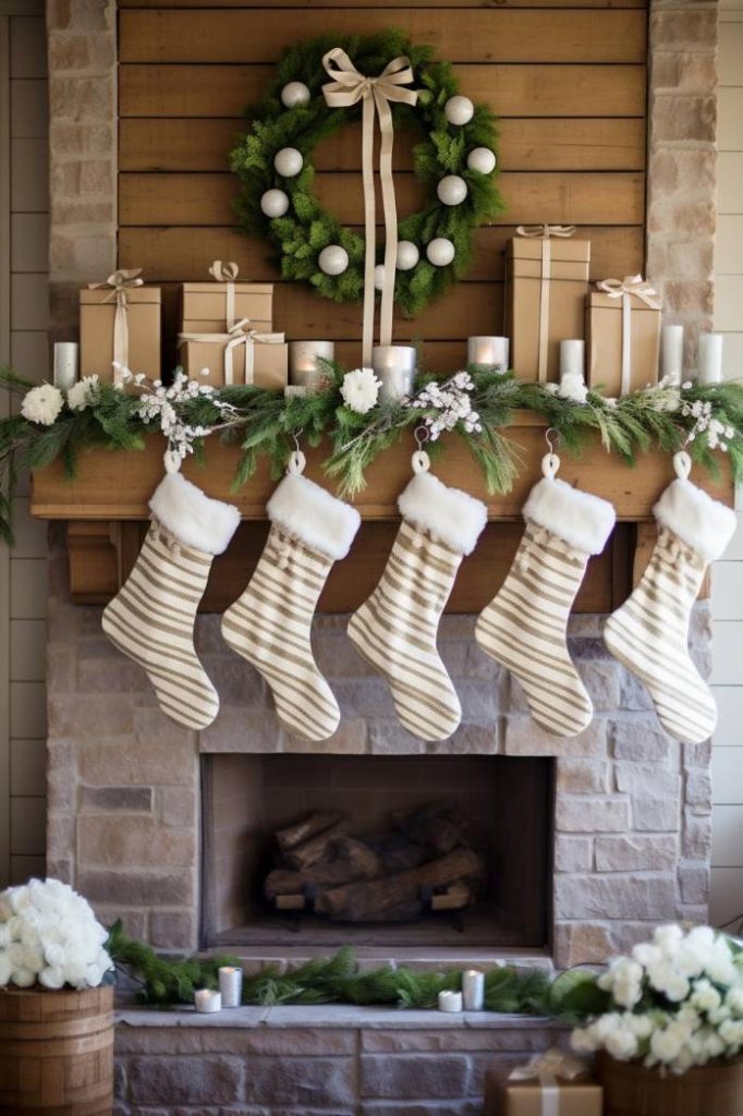 Above the fireplace hangs a mantel decorated with a green wreath, wrapped presents and five striped stockings. A garland with white ornaments and candles decorates the mantel.