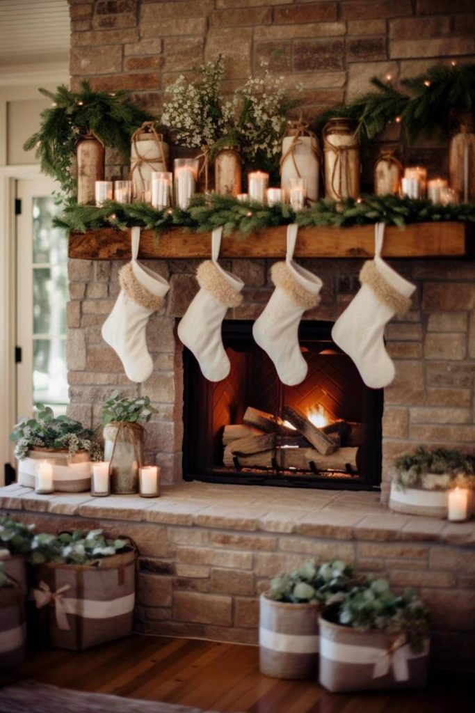 A cozy fireplace decorated with white stockings, candles and green garlands. The fireplace is surrounded by wrapped gifts and green plants.