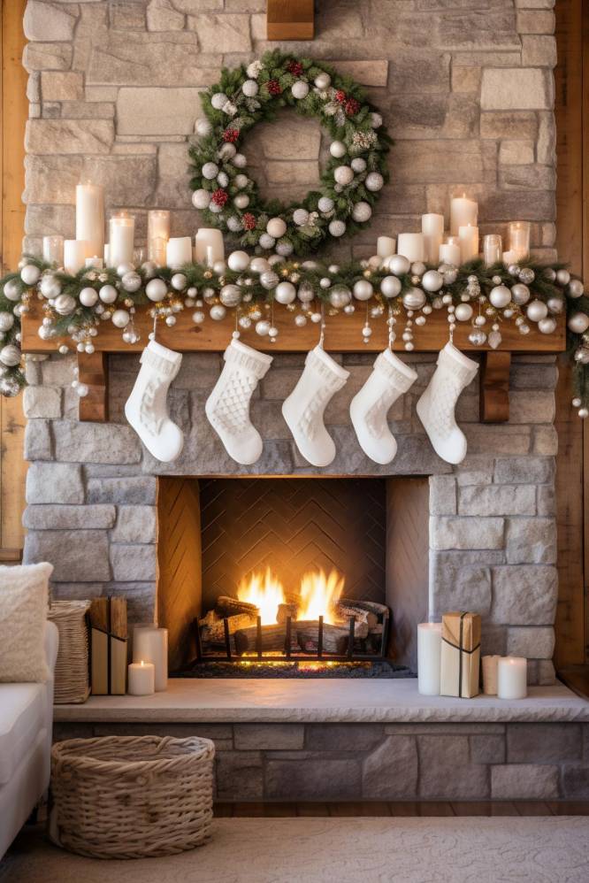 A decorated fireplace with a wreath, candles and garland above and five white stockings hanging from the mantel and a fire burning in the fireplace below.