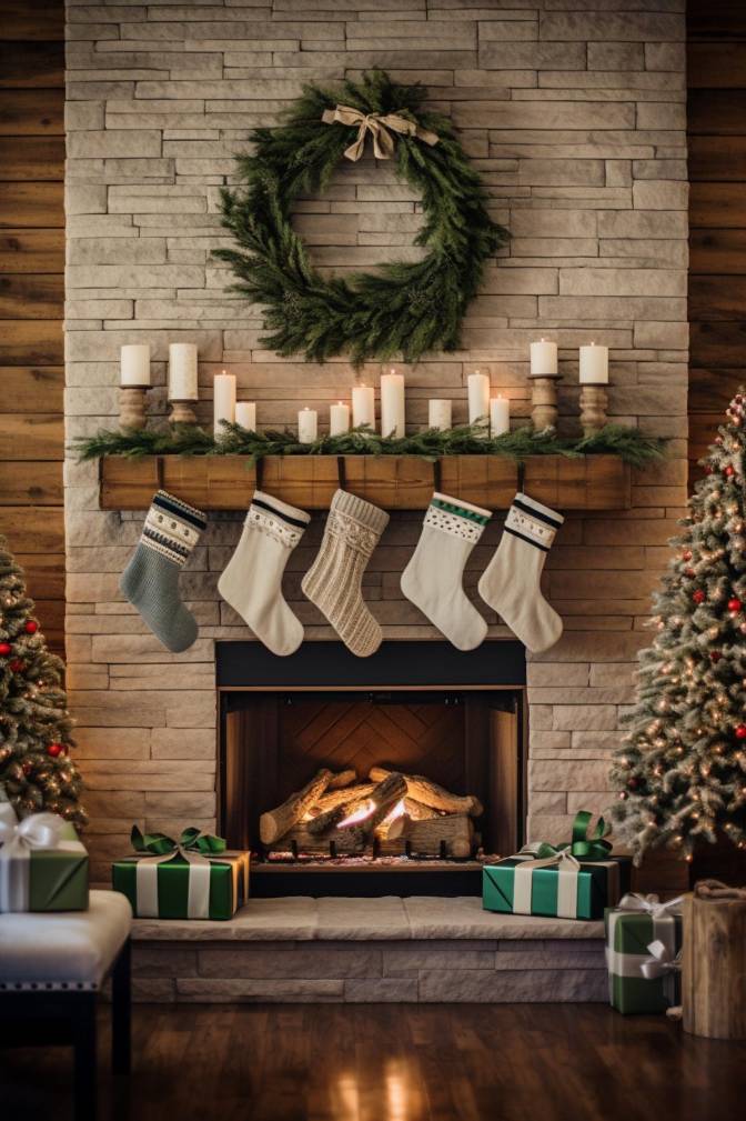 A decorated fireplace with a wreath and candles on the mantel, five hanging stockings and wrapped presents under a Christmas tree on each side.