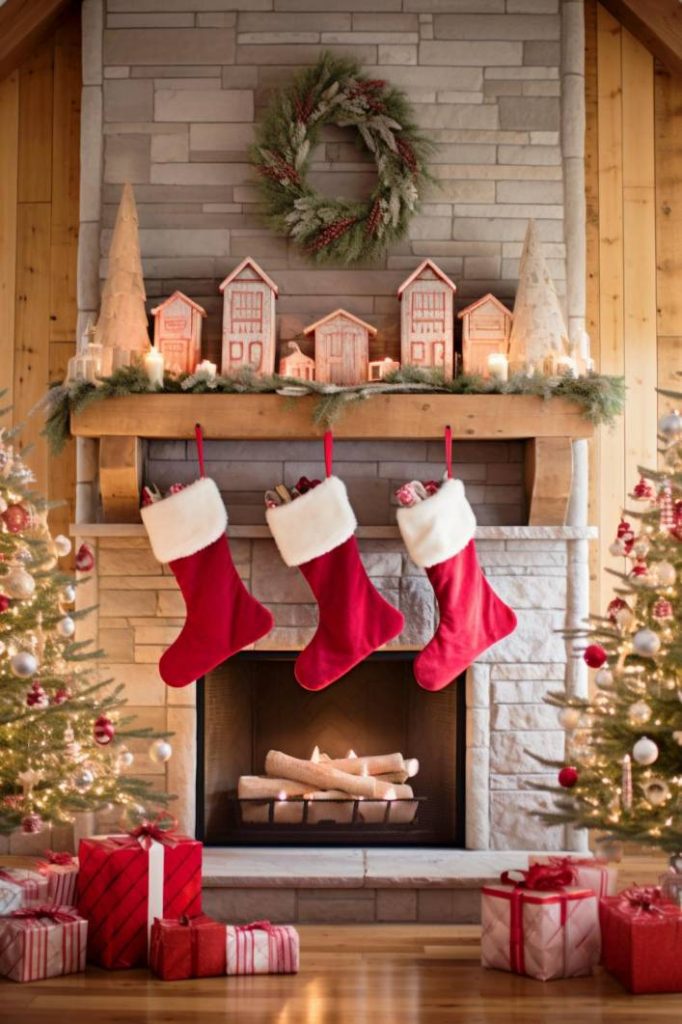 A cozy fireplace decorated with a wreath, miniature houses and three red Christmas stockings. The mantel is flanked by two decorated Christmas trees with wrapped presents on them.