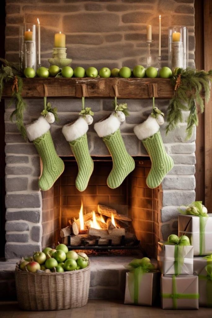 A stone fireplace decorated with green stockings, apples and candles. A fire is burning in the fireplace. Green-wrapped presents lie on the floor next to a basket full of apples.