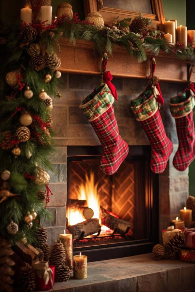 A cozy fireplace decorated with a garland of pine cones and greenery, three checkered stockings and lit candles on the mantel.