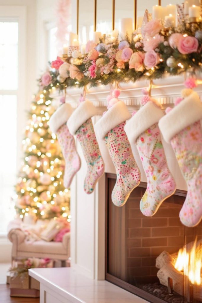 Four floral Christmas stockings hang above a burning fireplace, with a decorated Christmas tree and presents in the background.