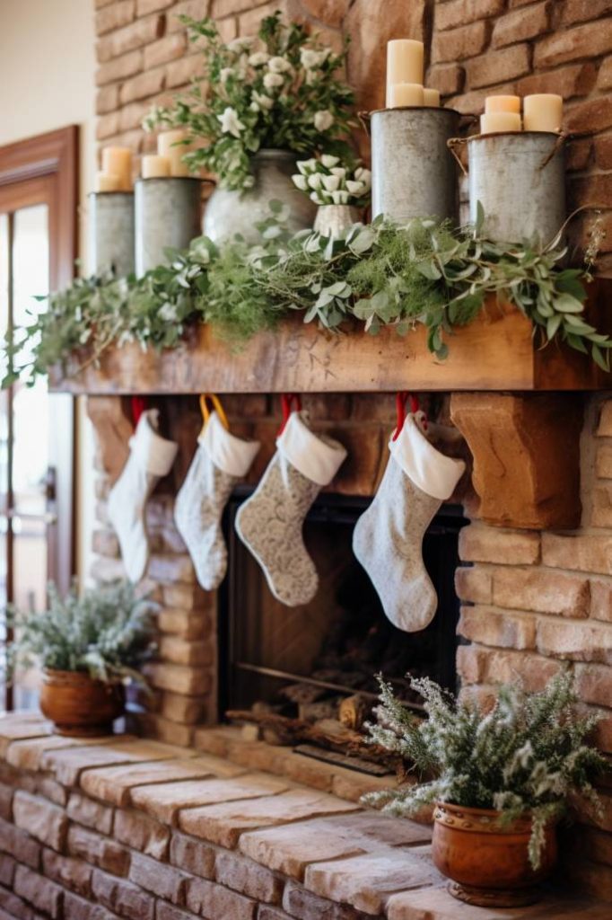 A rustic fireplace decorated with green foliage, white flowers and candles above the mantel. There are four stockings hanging under the mantel and two potted plants on the stove.