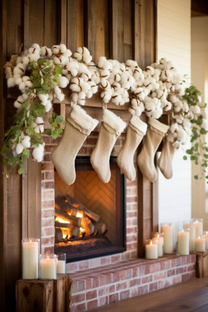 A cozy fireplace decorated with four beige stockings, cotton garlands and burning candles on the stove.