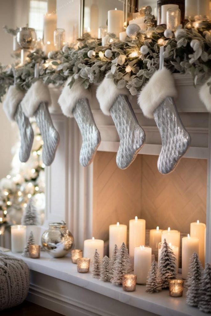 A beautifully decorated Christmas mantel with silver stockings, candles, small decorative trees and <a href=