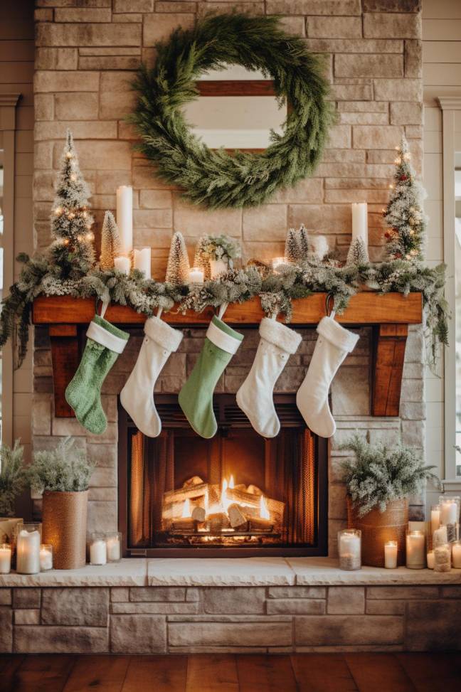 A fireplace decorated with a green wreath, garland, candles and four Christmas stockings - two green and two white. The fire is lit with small trees and candles on the fire pit.