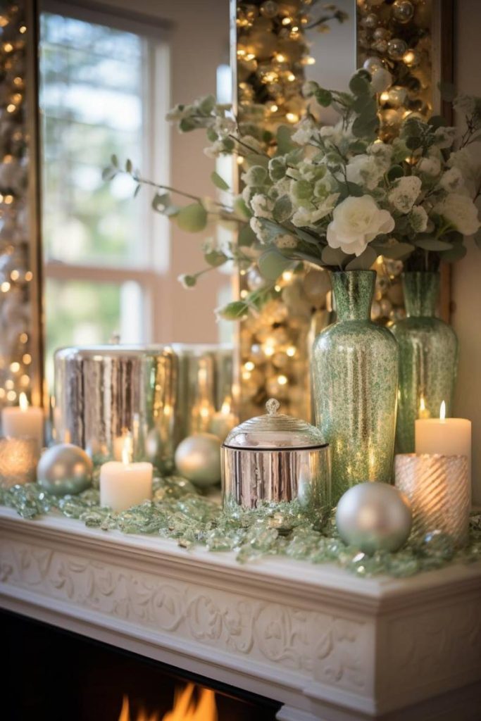 A mantel decorated with green vases, white flowers, candles, silver ornaments and fairy lights. There is a window in the background with lots of greenery outside.