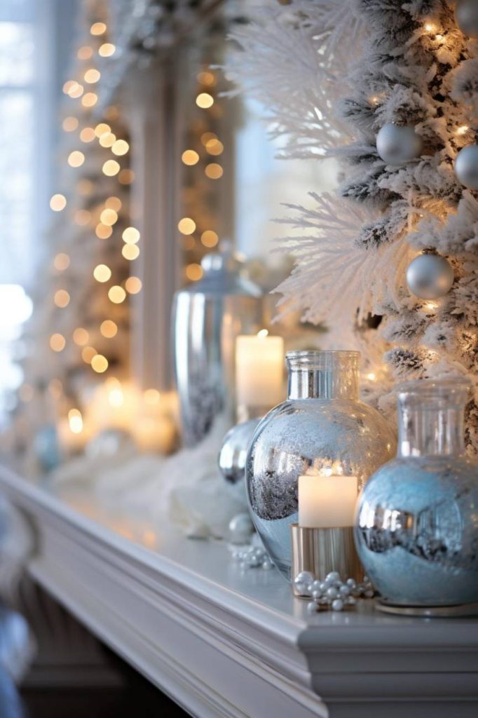 A festive mantel decorated with lit candles, silver ornaments, glass vases and a white frosted garland, with blurred lights in the background.