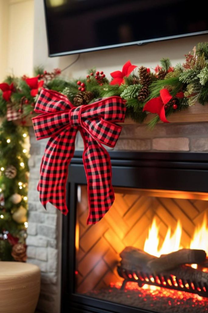 A lit fireplace decorated with a red and black checkered bow and a garland of pine cones and red bows.