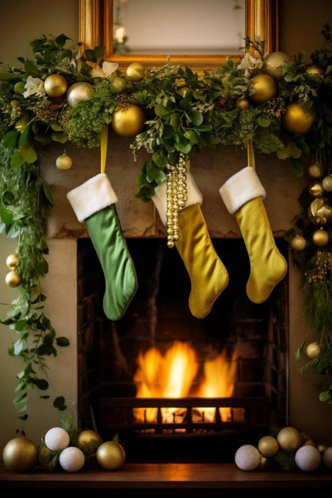 A fireplace decorated with green and gold Christmas stockings surrounded by festive greenery, ornaments and a warm fire burning inside.