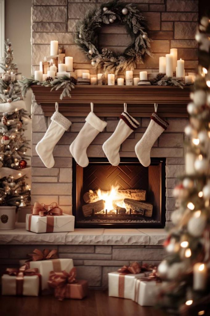 A decorated fireplace with four stockings, a wreath, candles, a Christmas tree and wrapped presents. The fire is lit and creates a warm, festive atmosphere.