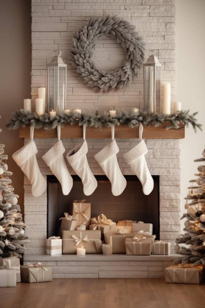 A decorated fireplace with white stockings, candles, a wreath and presents underneath. There are two Christmas trees with lights on either side.