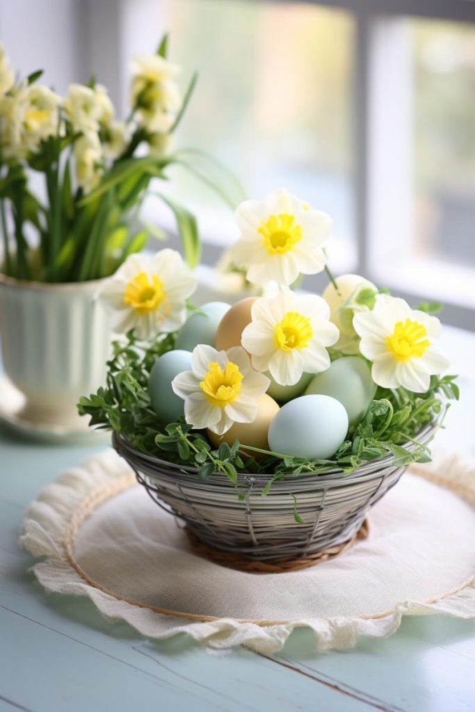 This contains delicate greenery as a makeshift nest with light blue, yellow and mint Easter eggs and is decorated with white daffodils.