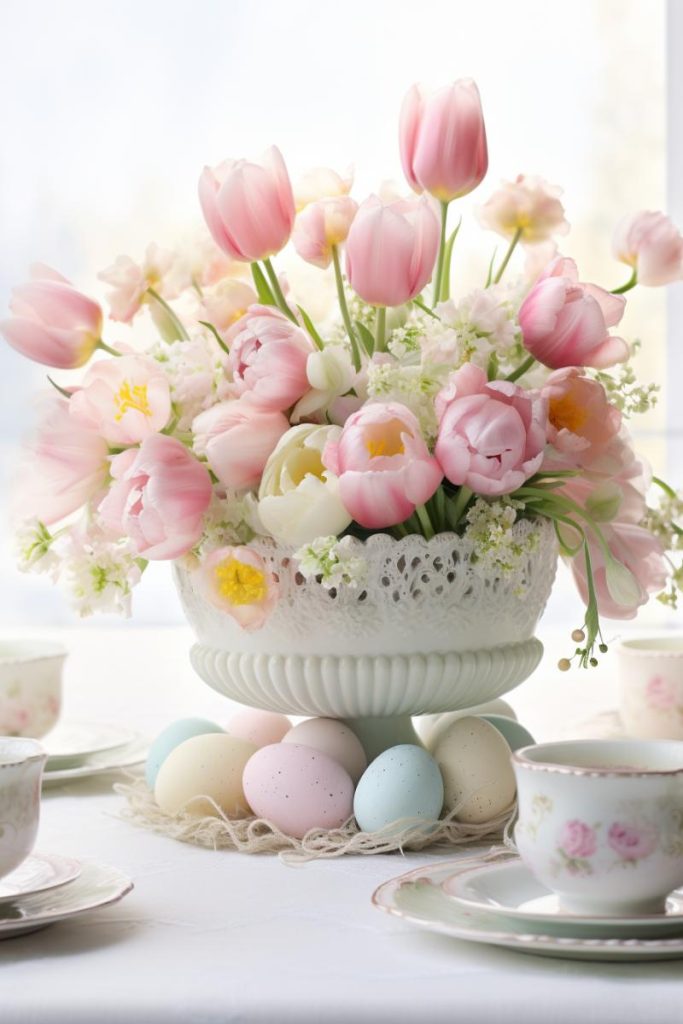 Table with a decorative ceramic vase filled with soft pink and white tulips and baby's breath, decorated with a minimalist nest of pastel Easter eggs underneath