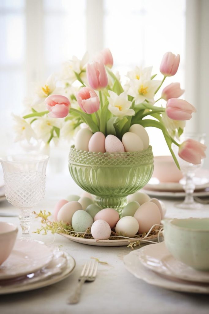 Mini Easter egg garden with a delicate mint green glass jar filled with pink tulips, white daffodils and pastel Easter eggs, each underneath the vase and flowers.