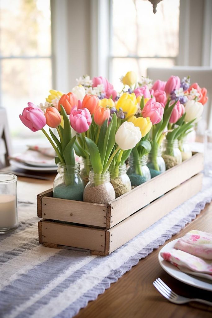 For longer tables, an elongated centerpiece may be more suitable, like this wooden centerpiece box, which contains several glass bottles filled with colored sand and straw and filled with stunning colorful tulips.