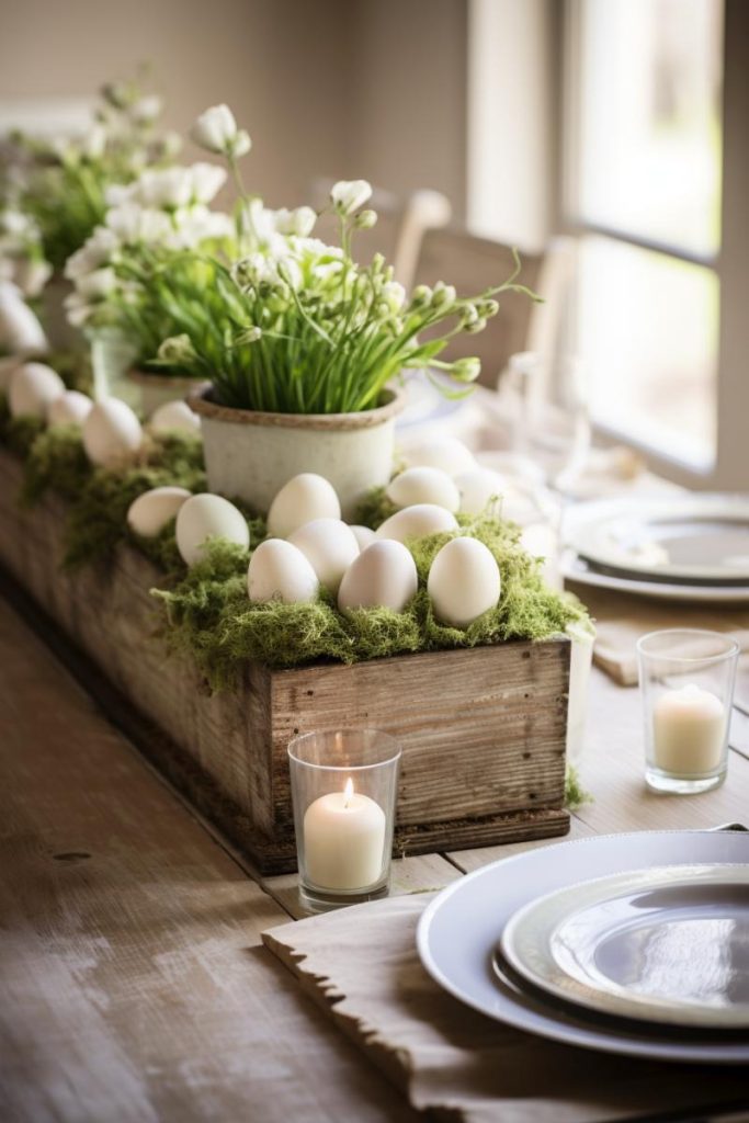 Celebrate elegant farmhouse chic with this long, rustic wooden box filled with soft moss, small white vases with green and white tulips and white Easter eggs.